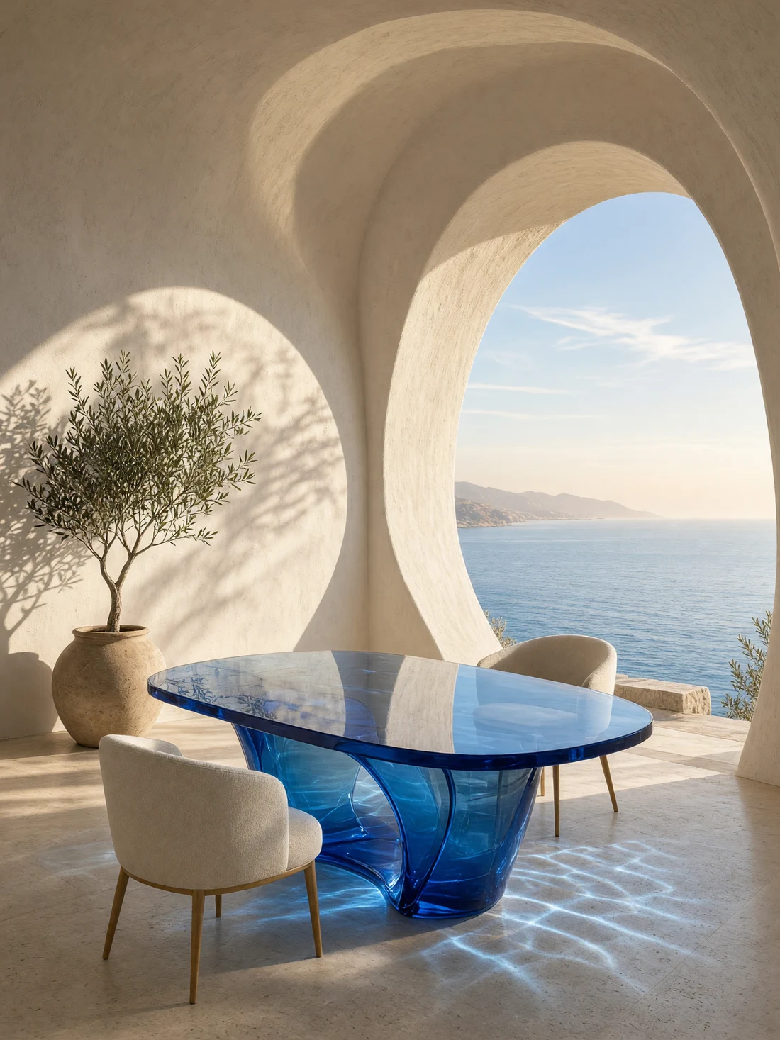 Composición arquitectónica mediterránea con una mesa de vidrio azul y vistas al mar